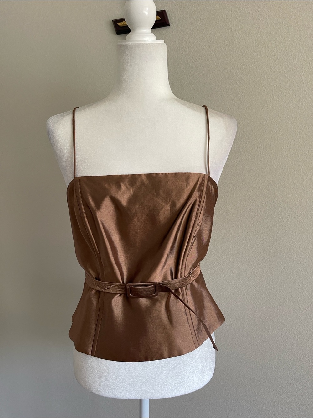 JS Collections Brown Satin Spaghetti-Strap Peplum Camisole